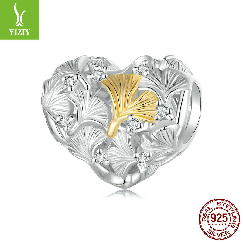 Silver Charm Ginkgo Leaf Splicing Love DIY Bracelet Beads Loose Beads Romantic Autumn Leaves s925 Pure Silver Beads