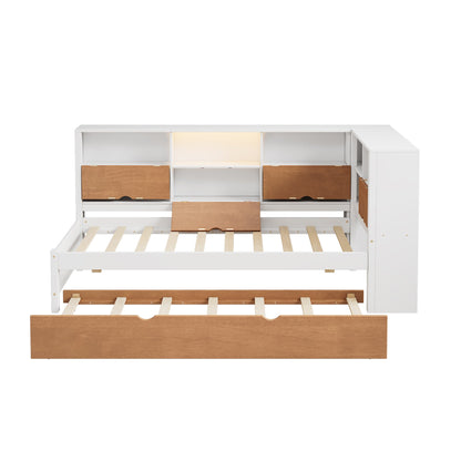 L-shaped bed frame with luggage and bookshelf, corner bed wooden captain&