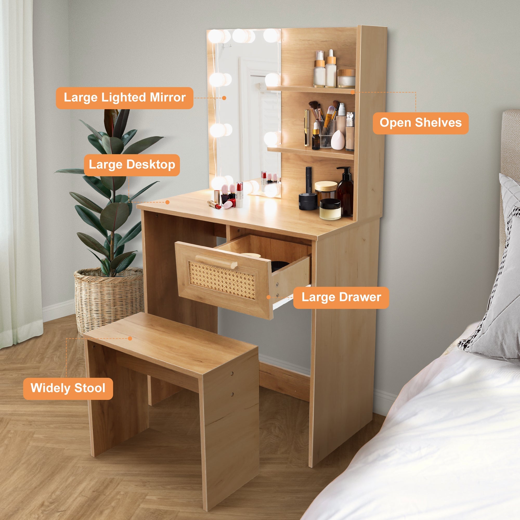Vanity Desk Set Stool &amp; Dressing Table with LED Lighting Mirror Drawer and Wood Cosmetic Table Chest of Drawers Nature Color