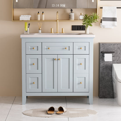 36 inch bathroom vanity with resin sink combination set with 6 drawers and 2 cabinets, storage cabinet vanity set, light blue