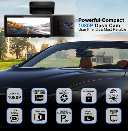 3-Camera Dash Cam – Front, Rear &amp; Inside Car Recorder with WiFi &amp; Night Vision