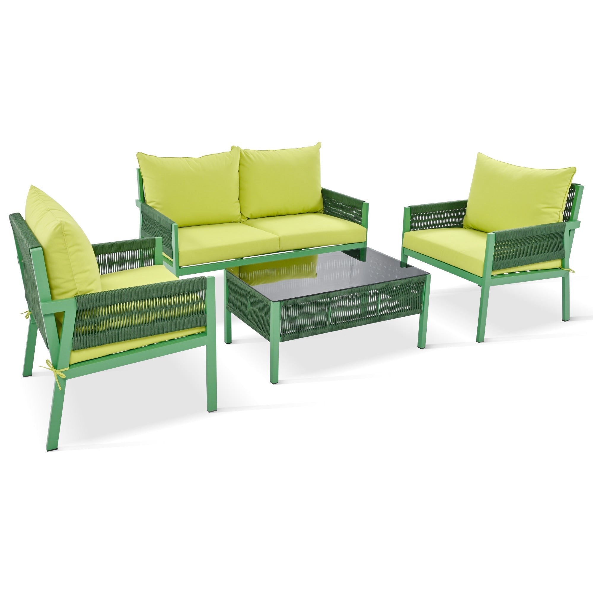 Outdoor Furniture with Tempered Glass Table,  Set Deep Seating with Thick Cushion  (Fluorescent Yellow &amp; Green)