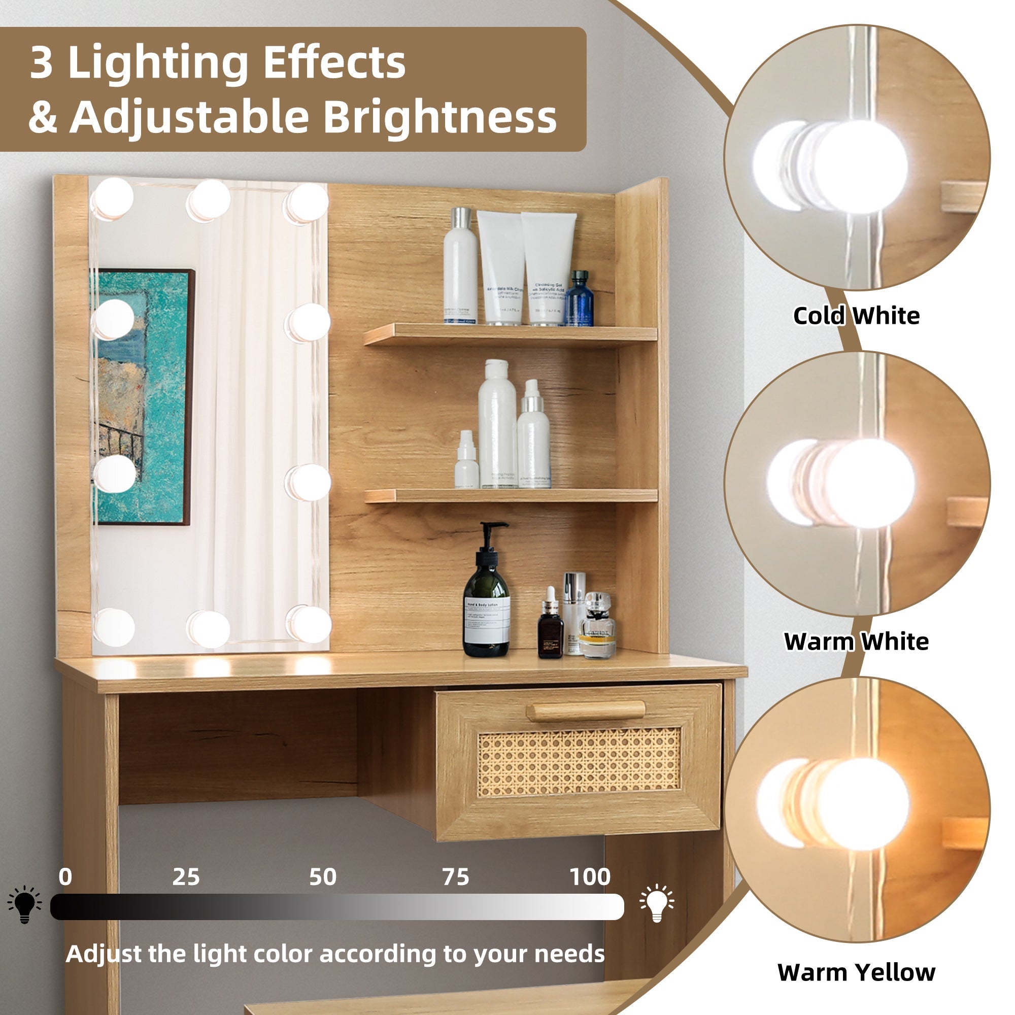Vanity Desk Set Stool &amp; Dressing Table with LED Lighting Mirror Drawer and Wood Cosmetic Table Chest of Drawers Nature Color