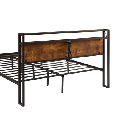 Extra large metal platform bed frame with wooden headboard and footrest, USB LINER, LED lights