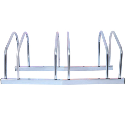 3 bicycle parking racks, 22-28 inch wheel supports, maximum tire width 2.15 inches, galvanized