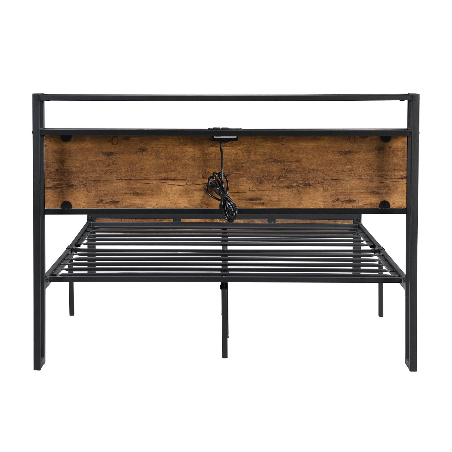 Queen Size Metal Platform Bed Frame with Wooden Headboard and Footboard with USB LINER