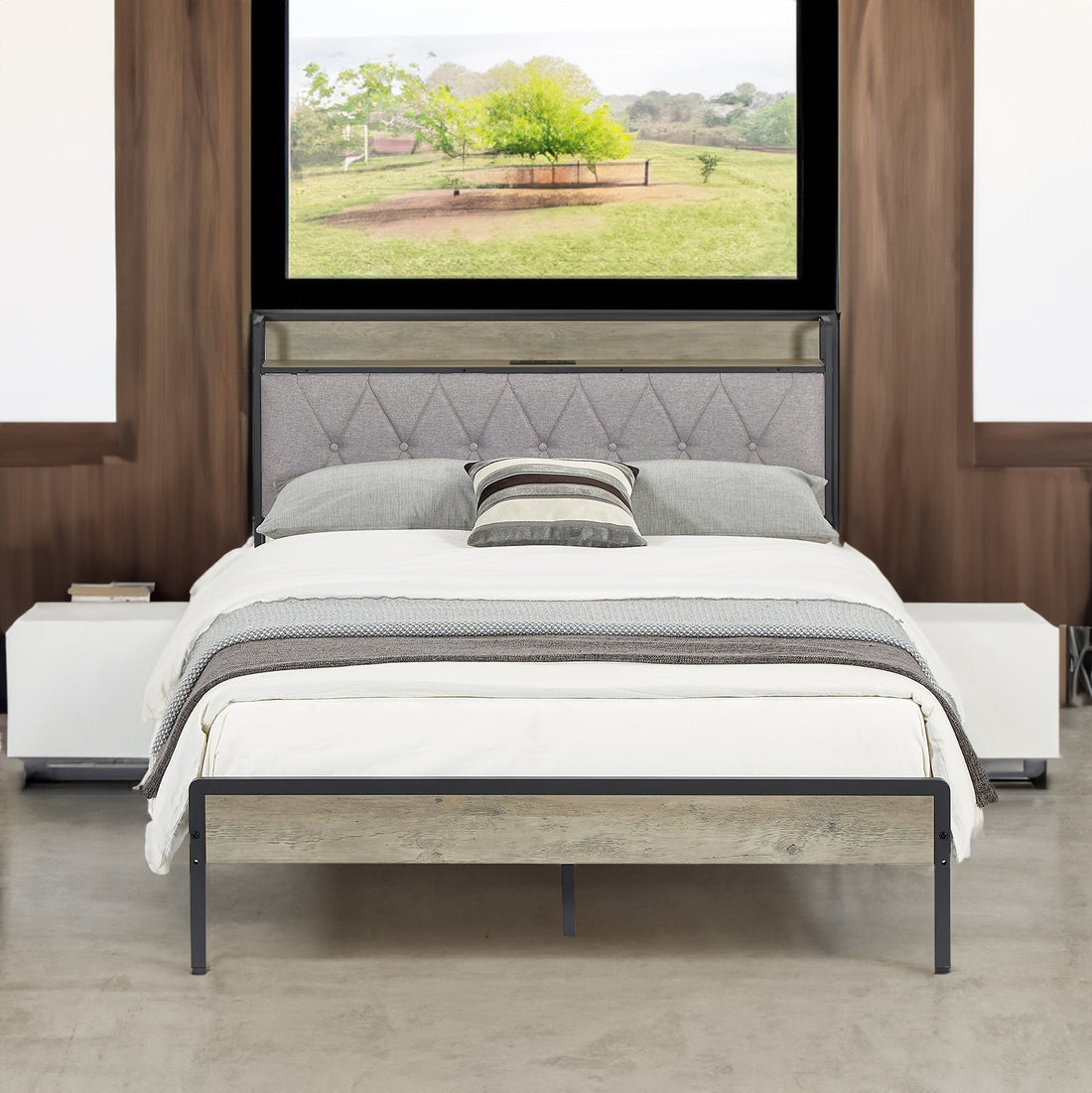 Bed frame with charging station full size, Grey, 83.1&