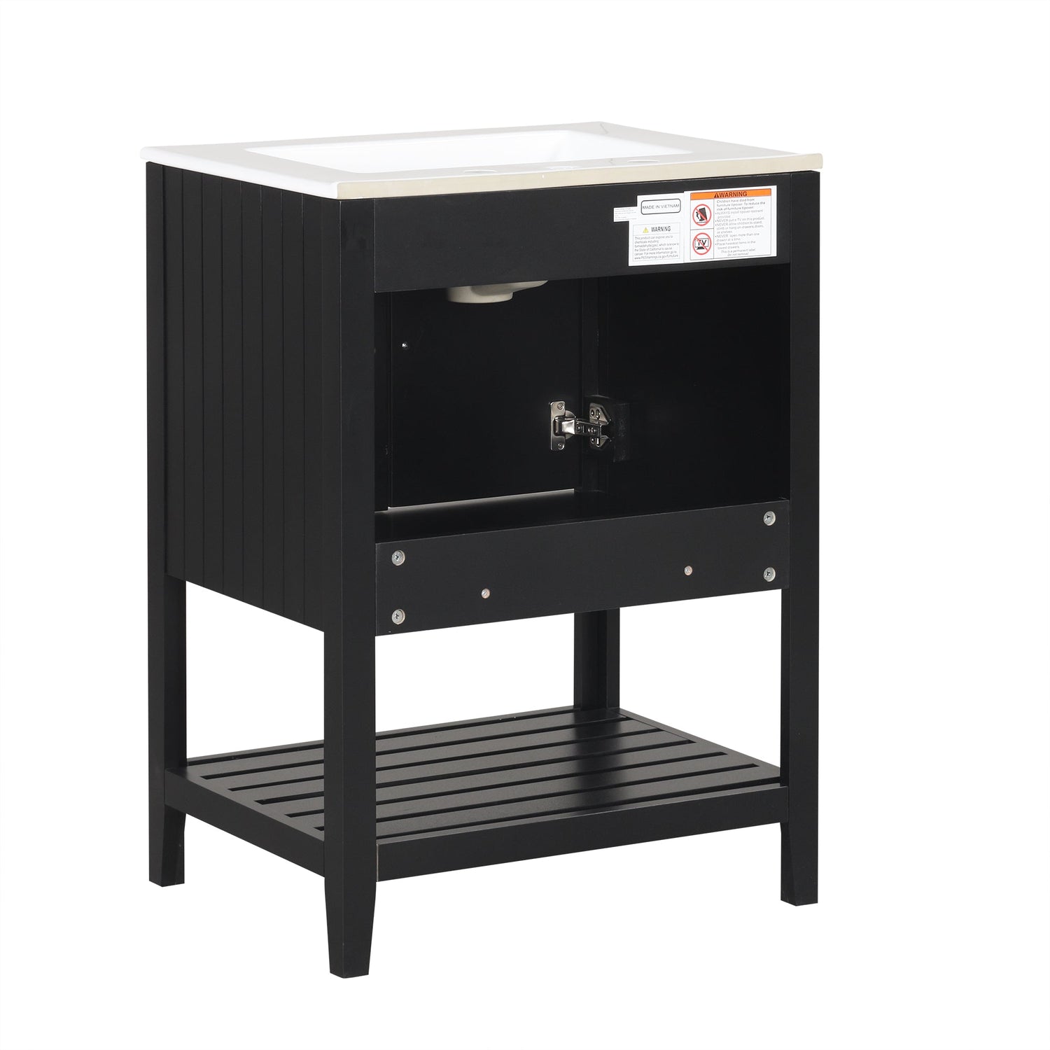 24" Black Modern Sleek Bathroom Vanity Elegant Ceramic Sink with Solid Wood Frame Open Style Shelf