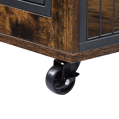 Furniture Style Dog Crate Side Table on Wheels with Double Doors and Lift Top. Rustic Brown, 31.50&