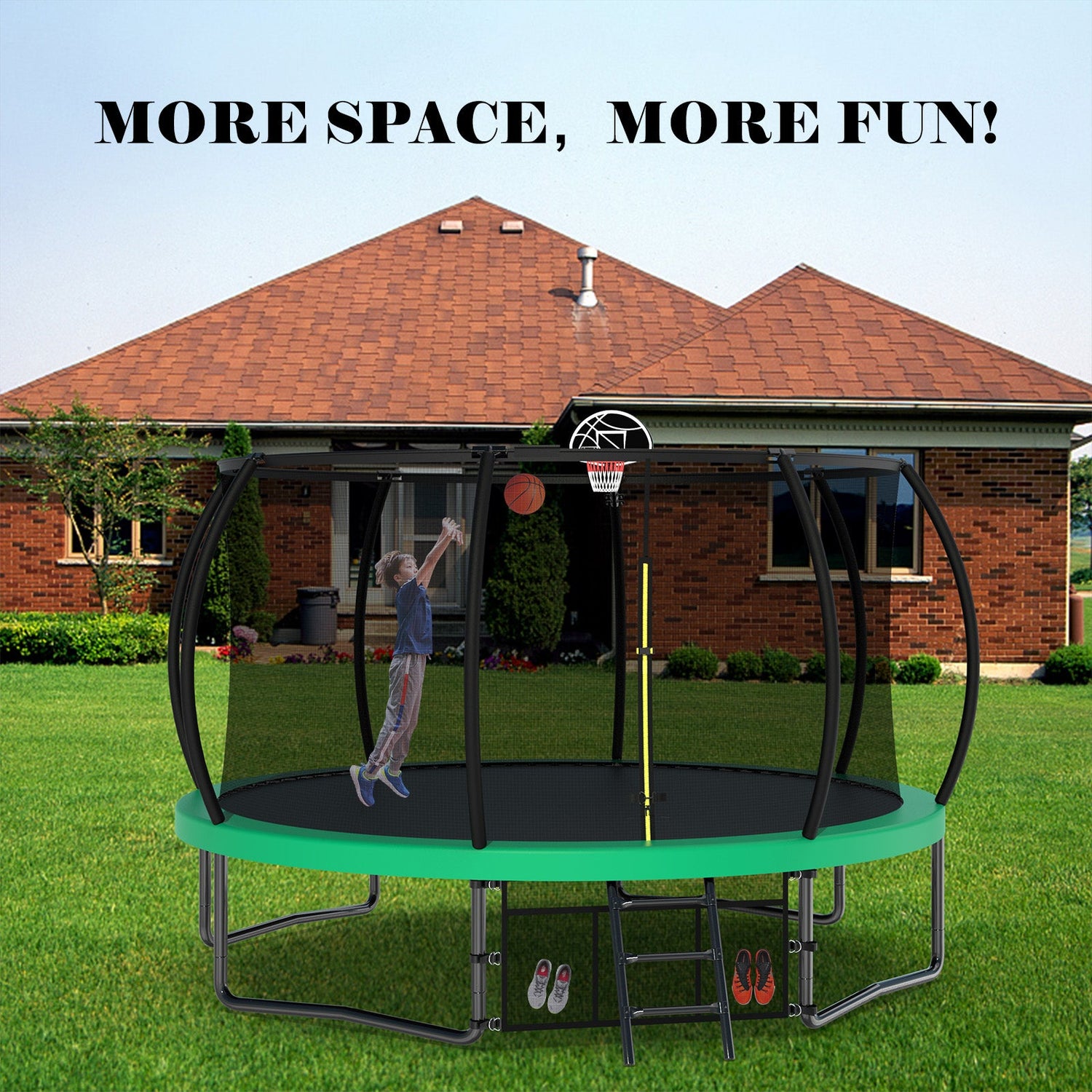 12FT Recreational Kids Trampoline with Safety Enclosure Net &amp; Ladder, Outdoor Recreational Trampolines