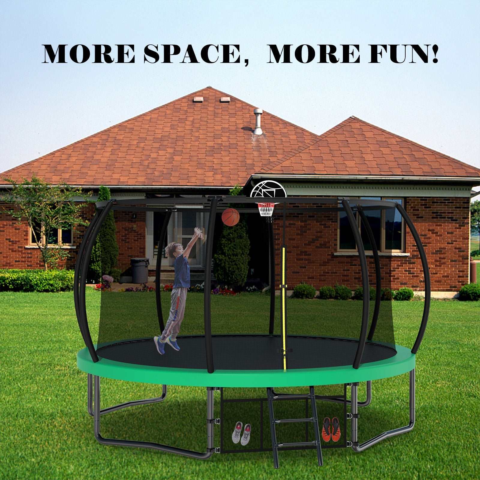 12FT Recreational Kids Trampoline with Safety Enclosure Net &amp; Ladder, Outdoor Recreational Trampolines