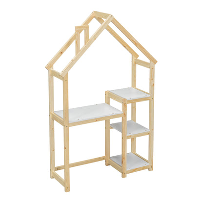 House-shaped Wooden writing Desk Kids study Table Bookshelf &amp; Toy Storage Natural
