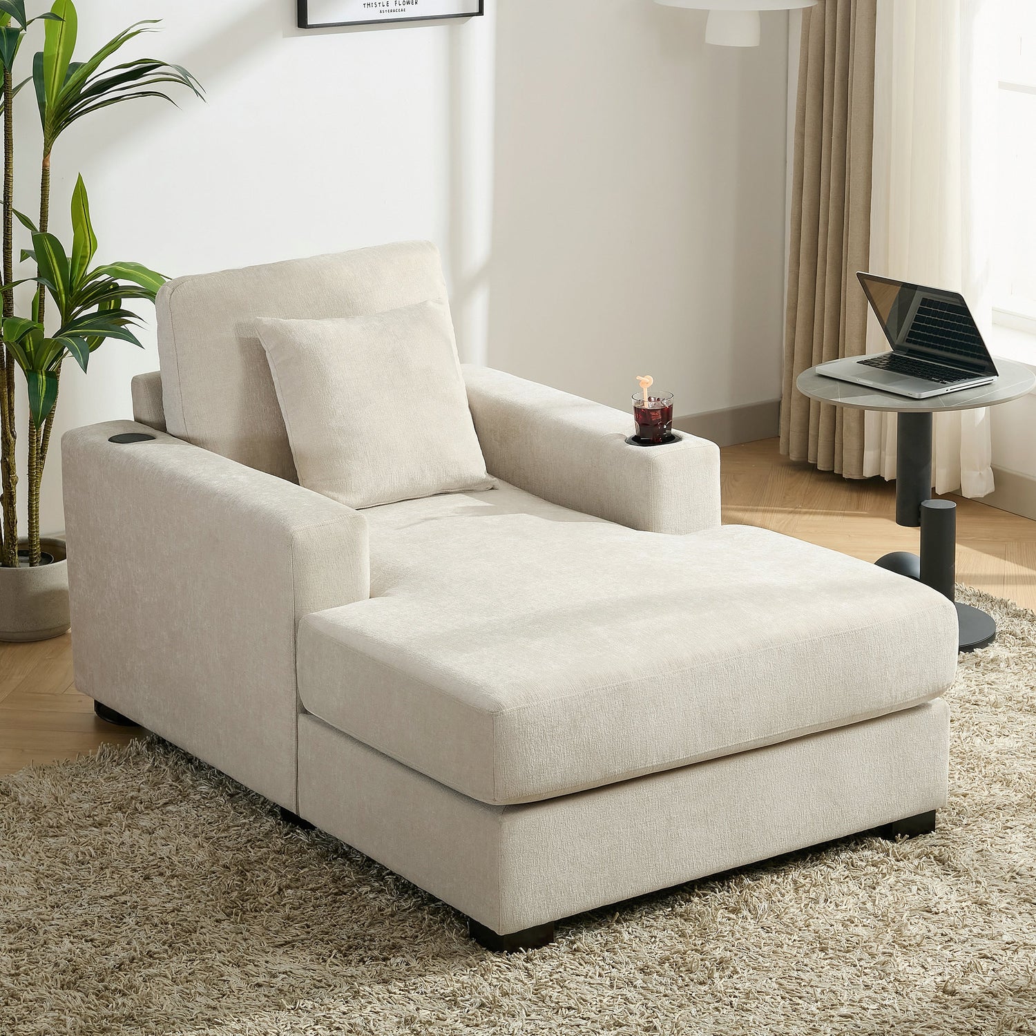 39.7" Oversized Chaise Lounger Modern Style Sofa Couch ,with Pillows, Charge Station &amp; Cup Holders, Chenille Fabric, Cream