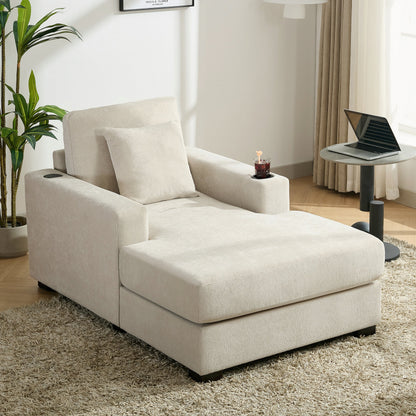 39.7" Oversized Chaise Lounger Modern Style Sofa Couch ,with Pillows, Charge Station &amp; Cup Holders, Chenille Fabric, Cream