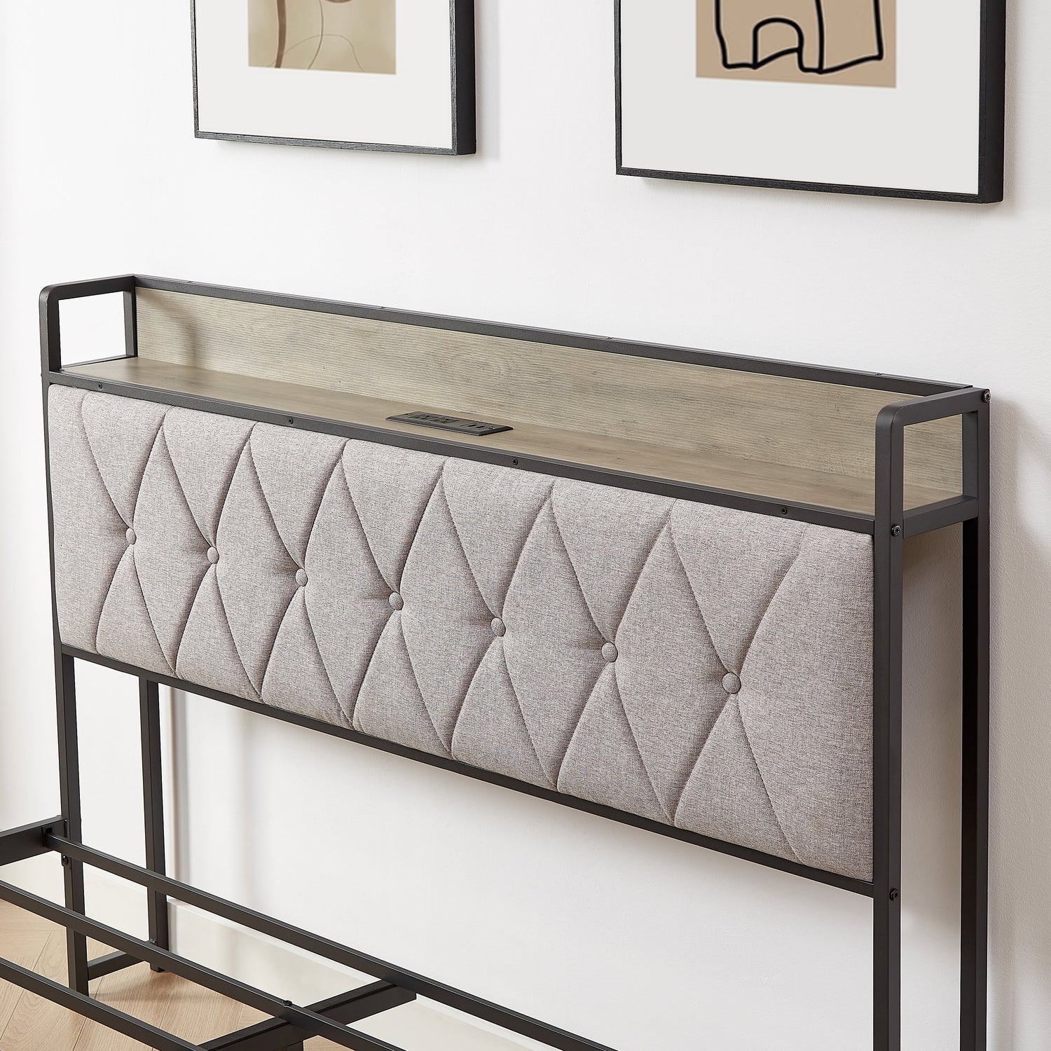 Bed frame with charging station full size, Grey, 83.1&