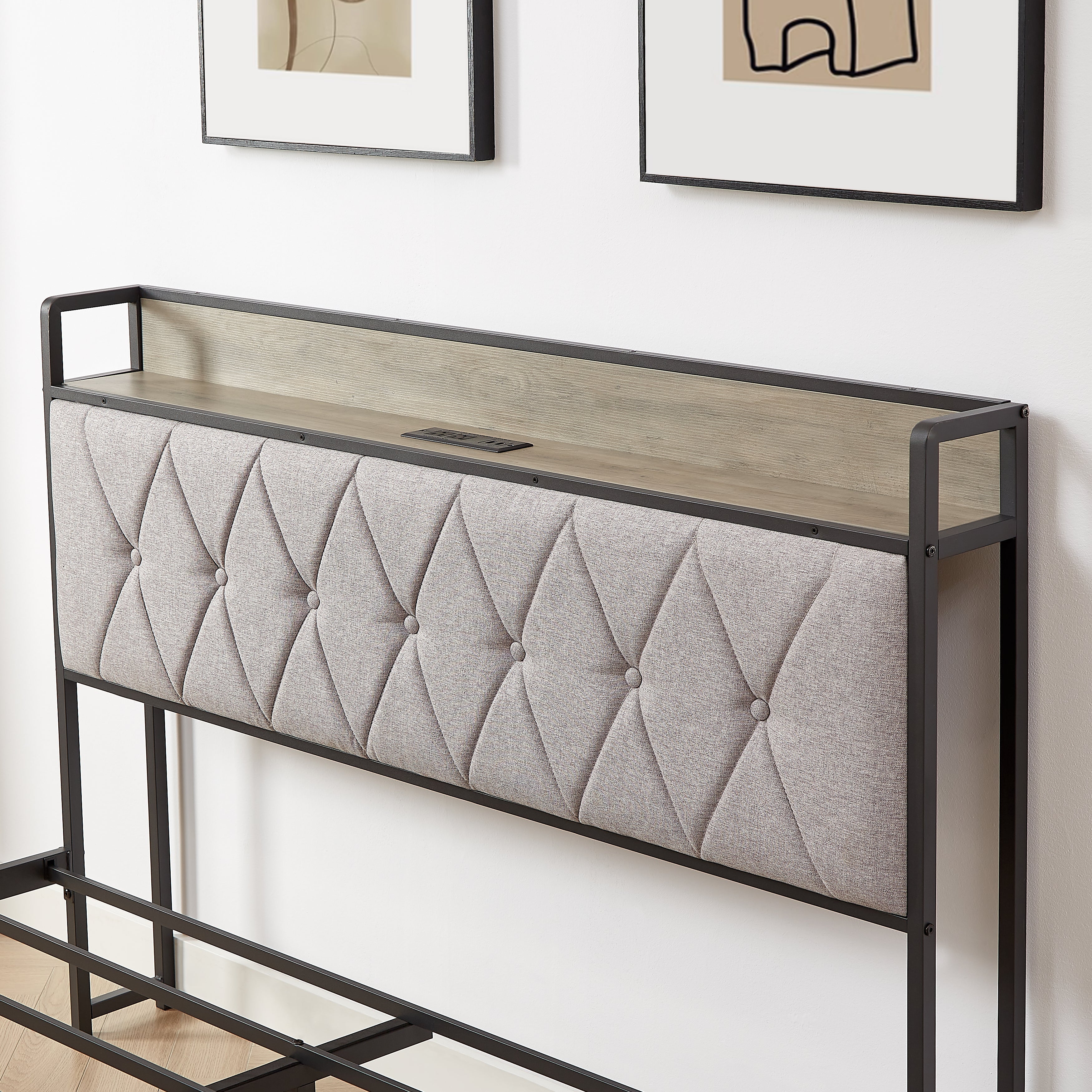 Bed frame with charging station full size, Grey, 83.1&