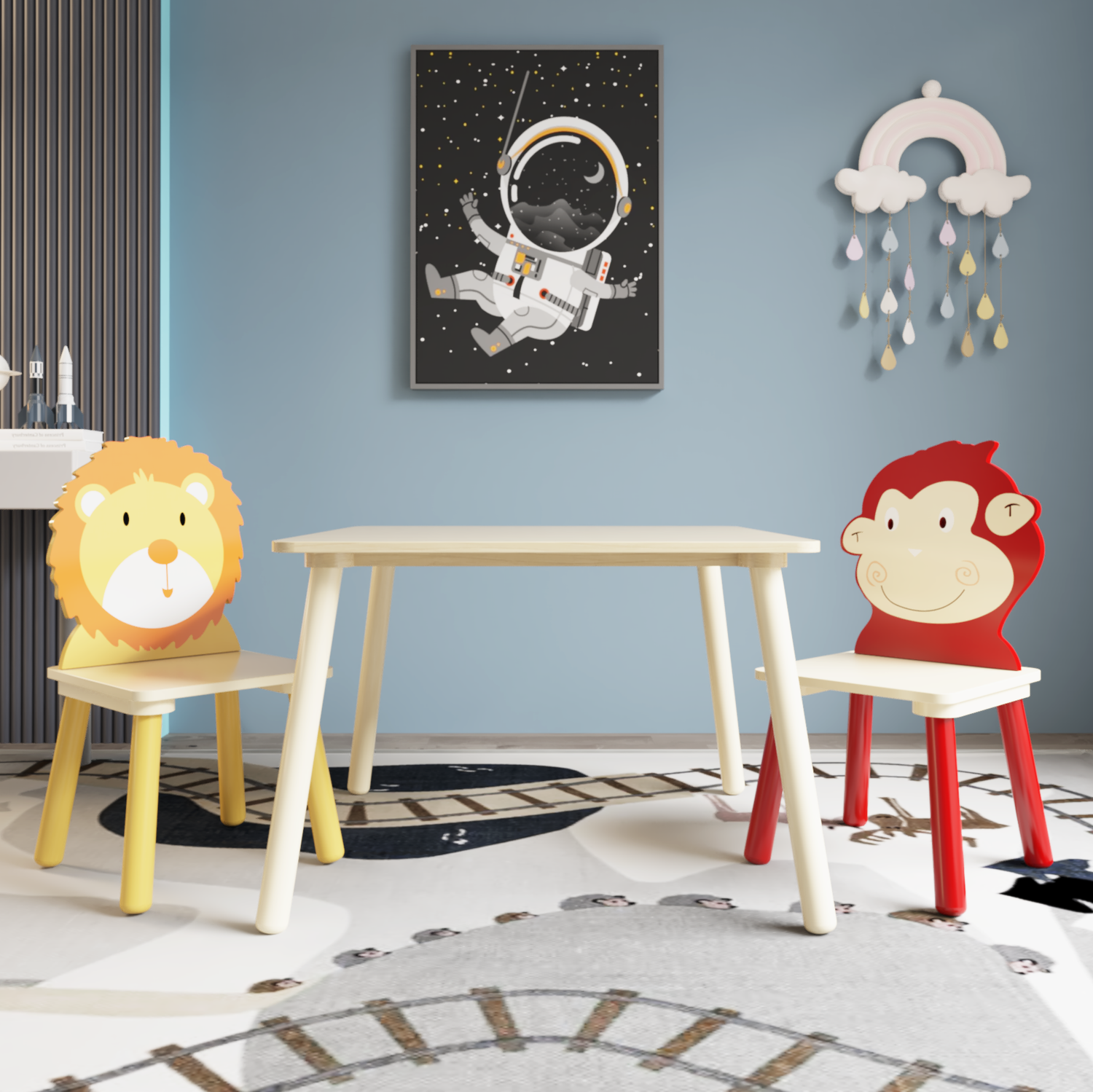 Kids Table and 2 Chairs Set 3 Pieces Toddler Table and Chair Set Wooden Activity Play Table Set (Lion&amp;Monkey)