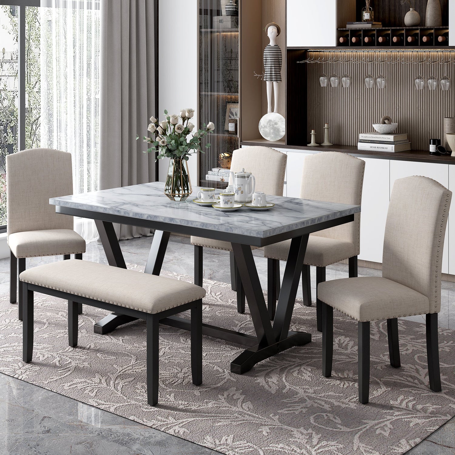 TREXM Modern Style 6-piece Dining Table with 4 Chairs &amp; 1 Bench (White)