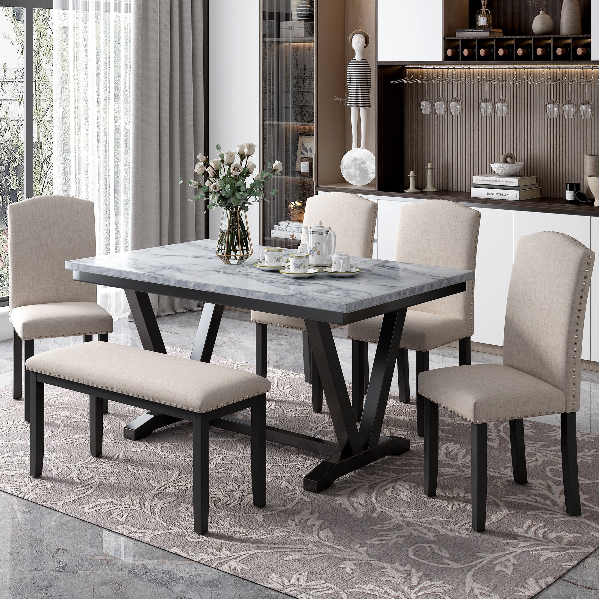 TREXM Modern Style 6-piece Dining Table with 4 Chairs &amp; 1 Bench (White)