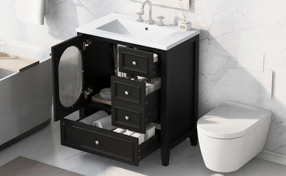 30" Bathroom Vanity with Sink, Bathroom Vanity Cabinet with Three Drawers and Door, Solid Wood and MDF, Black