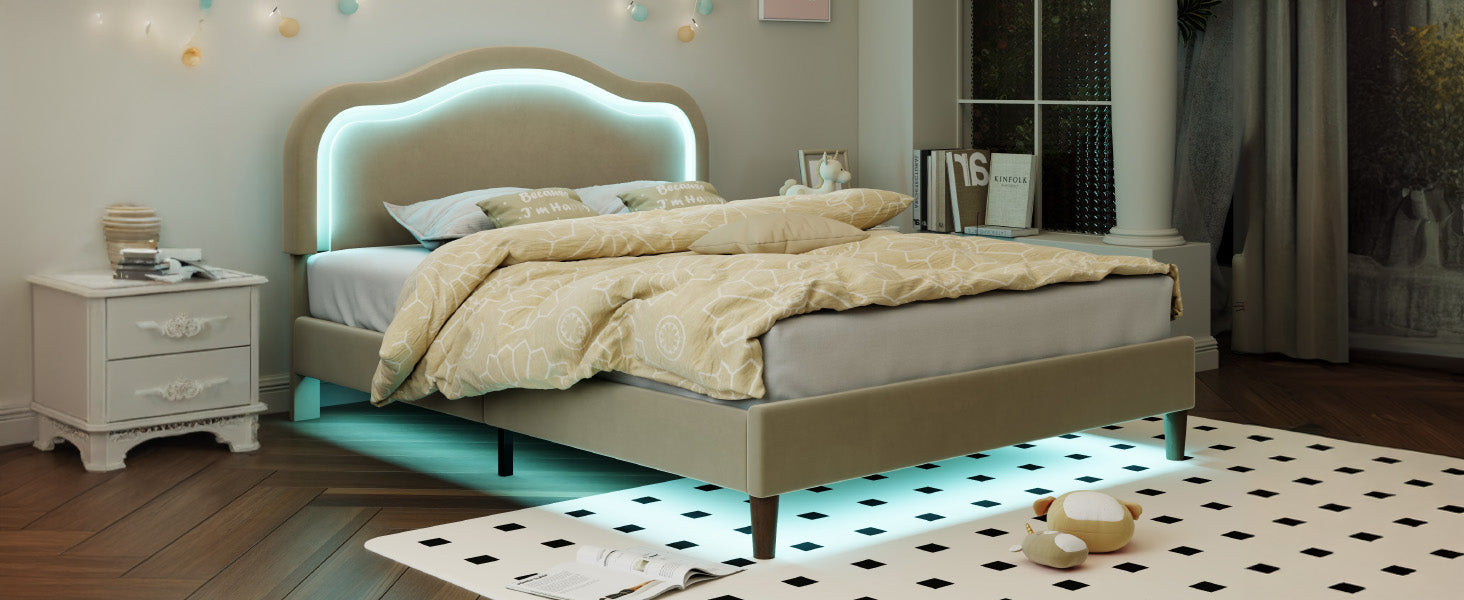 Full Size Velvet Upholstered Smart LED Bed Frame with Adjustable Height Headboard,No Box Spring Needed,Easy Assembly,Beige