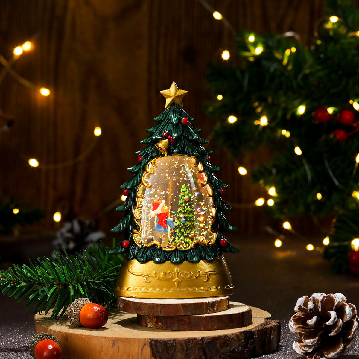 Christmas gifts, painted Christmas trees, glowing candles, oil lamps, children&