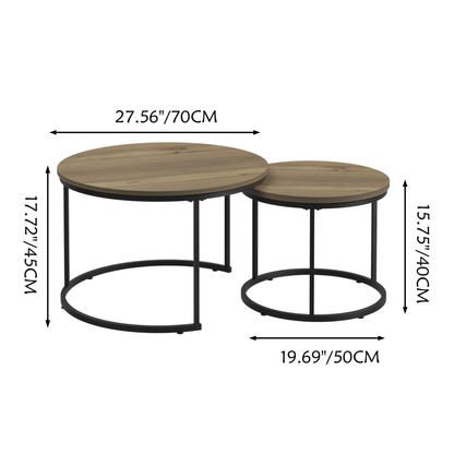 A set of nested coffee tables, 27.6-inch round coffee table, industrial wood veneer, with sturdy metal frame (brown)