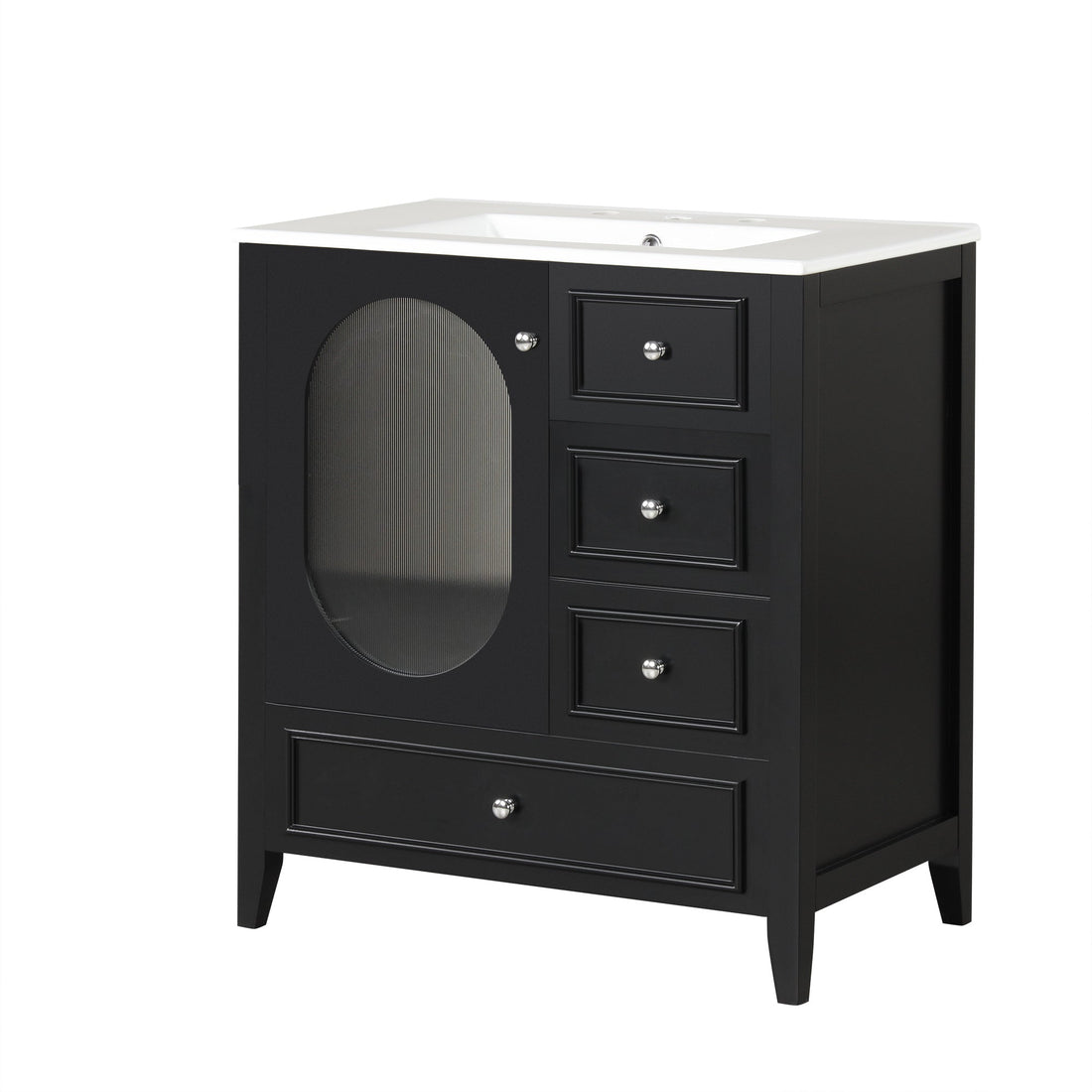 30" Bathroom Vanity with Sink, Bathroom Vanity Cabinet with Three Drawers and Door, Solid Wood and MDF, Black