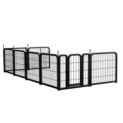 8-panel dog fence, 24 inch small dog pet fence, portable indoor pet game fence. Black, 22.2 inches wide x 23.6 inches high.