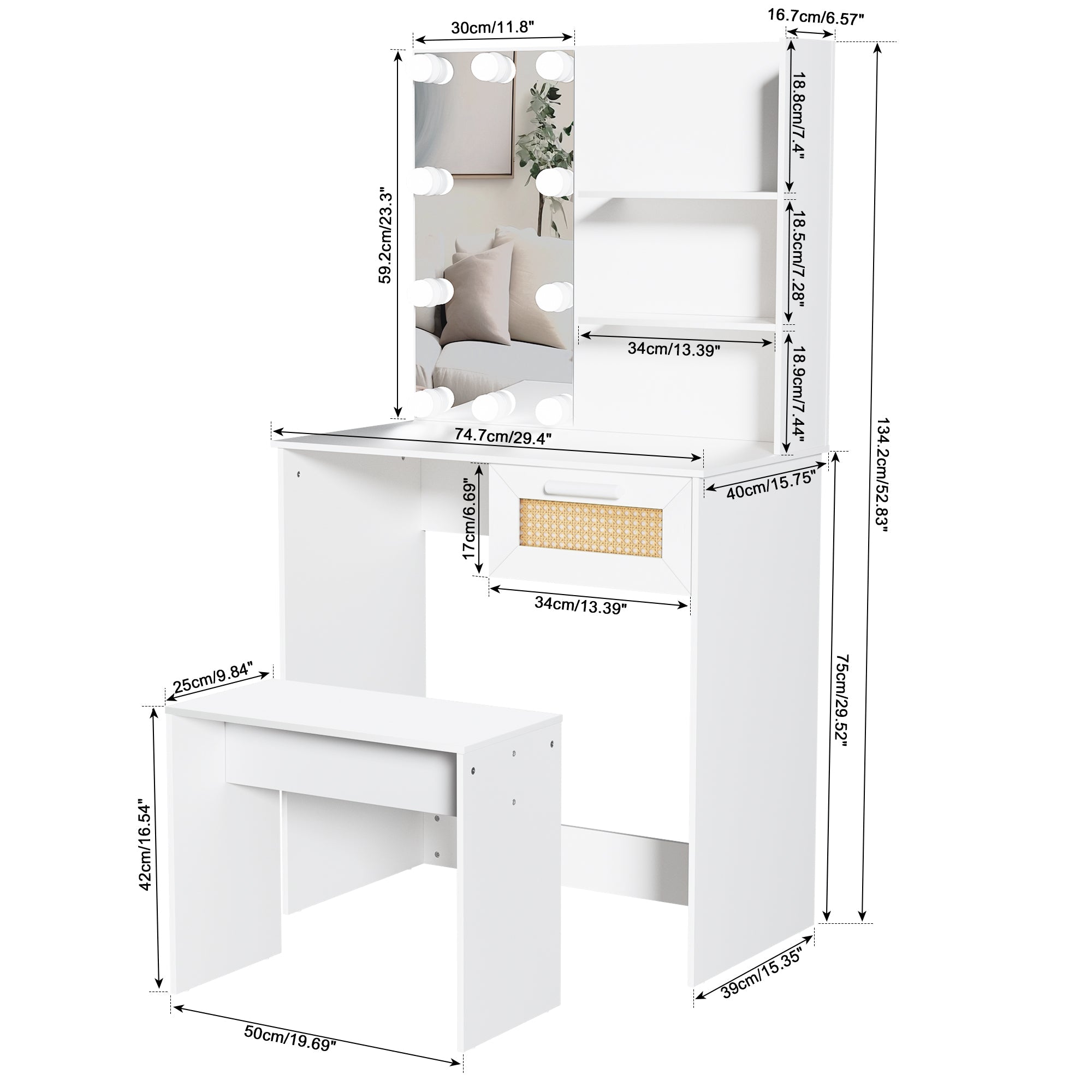 Vanity Desk Set Stool &amp; Dressing Table with LED Lighting Mirror Drawer and Wood Cosmetic Table Chest of Drawers White Color