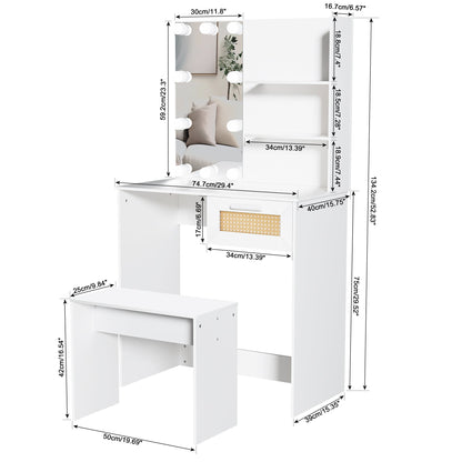 Vanity Desk Set Stool &amp; Dressing Table with LED Lighting Mirror Drawer and Wood Cosmetic Table Chest of Drawers White Color