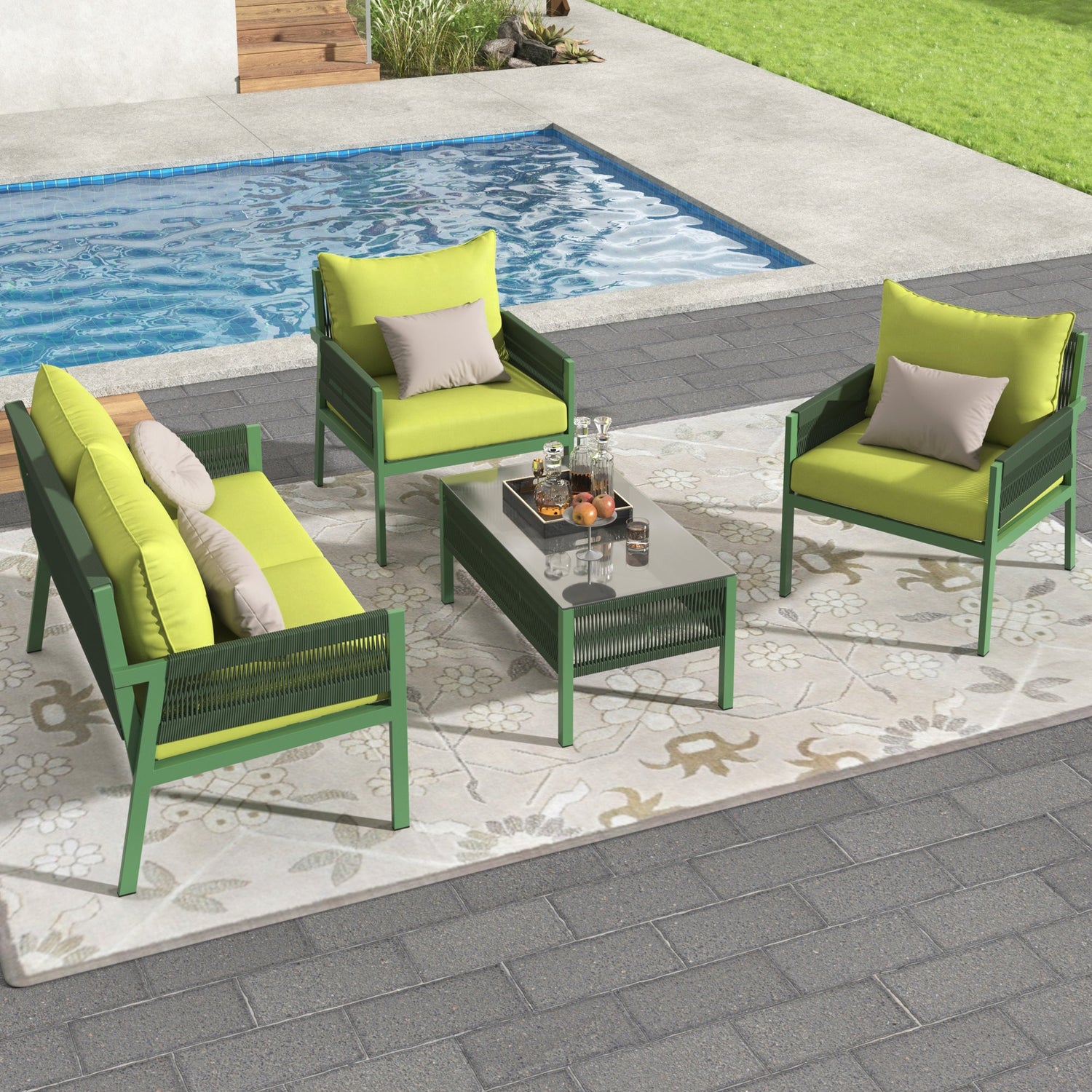 Outdoor Furniture with Tempered Glass Table,  Set Deep Seating with Thick Cushion  (Fluorescent Yellow &amp; Green)