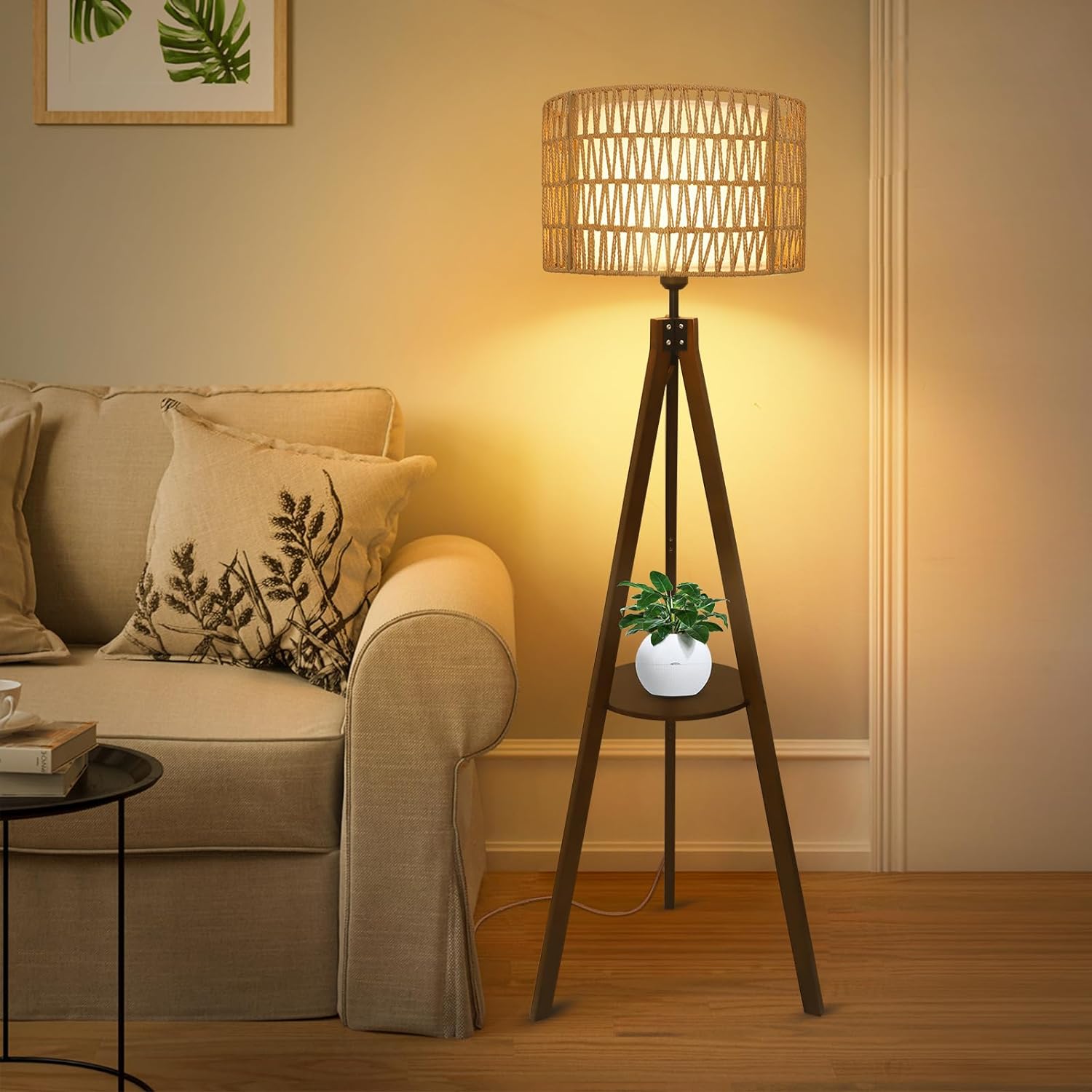 Boho Tripod Floor Lamp with Shelves, Mid Century Wood Standing Lamp with Rattan &amp; Fabric Shades, ON/Off Foot Switch Office