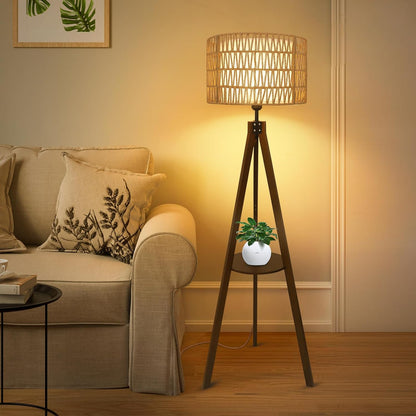 Boho Tripod Floor Lamp with Shelves, Mid Century Wood Standing Lamp with Rattan &amp; Fabric Shades, ON/Off Foot Switch Office