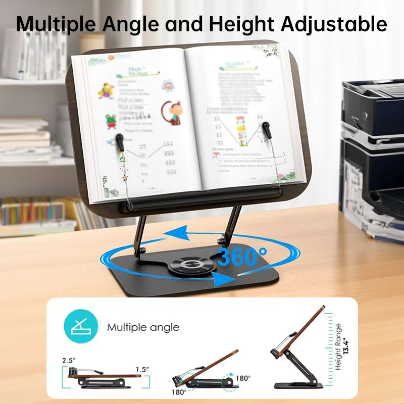 Adjustable 360° Rotating Book Stand with Elastic Clips, for Cookbooks, Laptops &amp; More