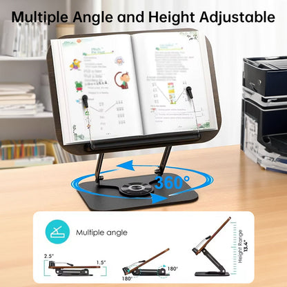 Adjustable 360° Rotating Book Stand with Elastic Clips, for Cookbooks, Laptops &amp; More