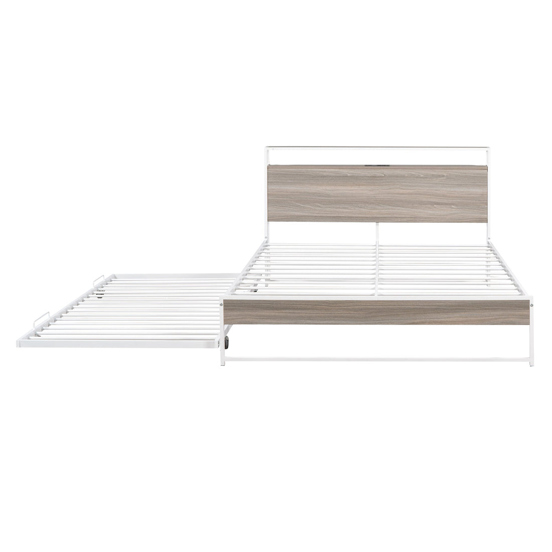 Queen Size Metal Platform Bed Frame with Trundle, USB Ports and Slat Support ,No Box Spring Needed White