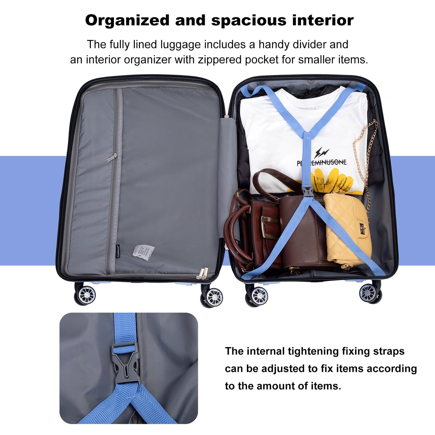 Hardshell Suitcase Spinner Wheels PP Luggage Sets Lightweight Durable Suitcase ,3-Piece Set (20/24/28) ,Purplish Blue