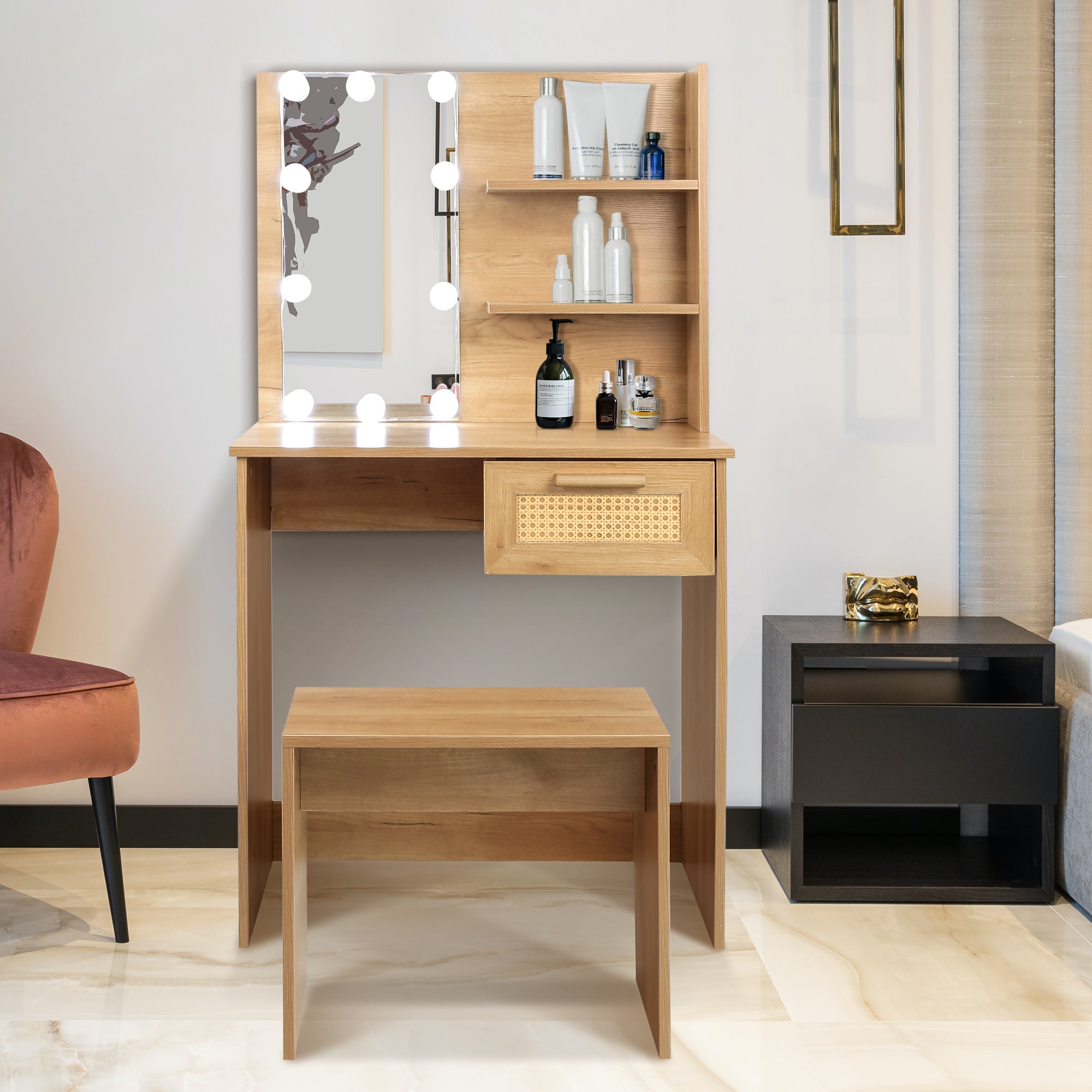 Vanity Desk Set Stool &amp; Dressing Table with LED Lighting Mirror Drawer and Wood Cosmetic Table Chest of Drawers Nature Color