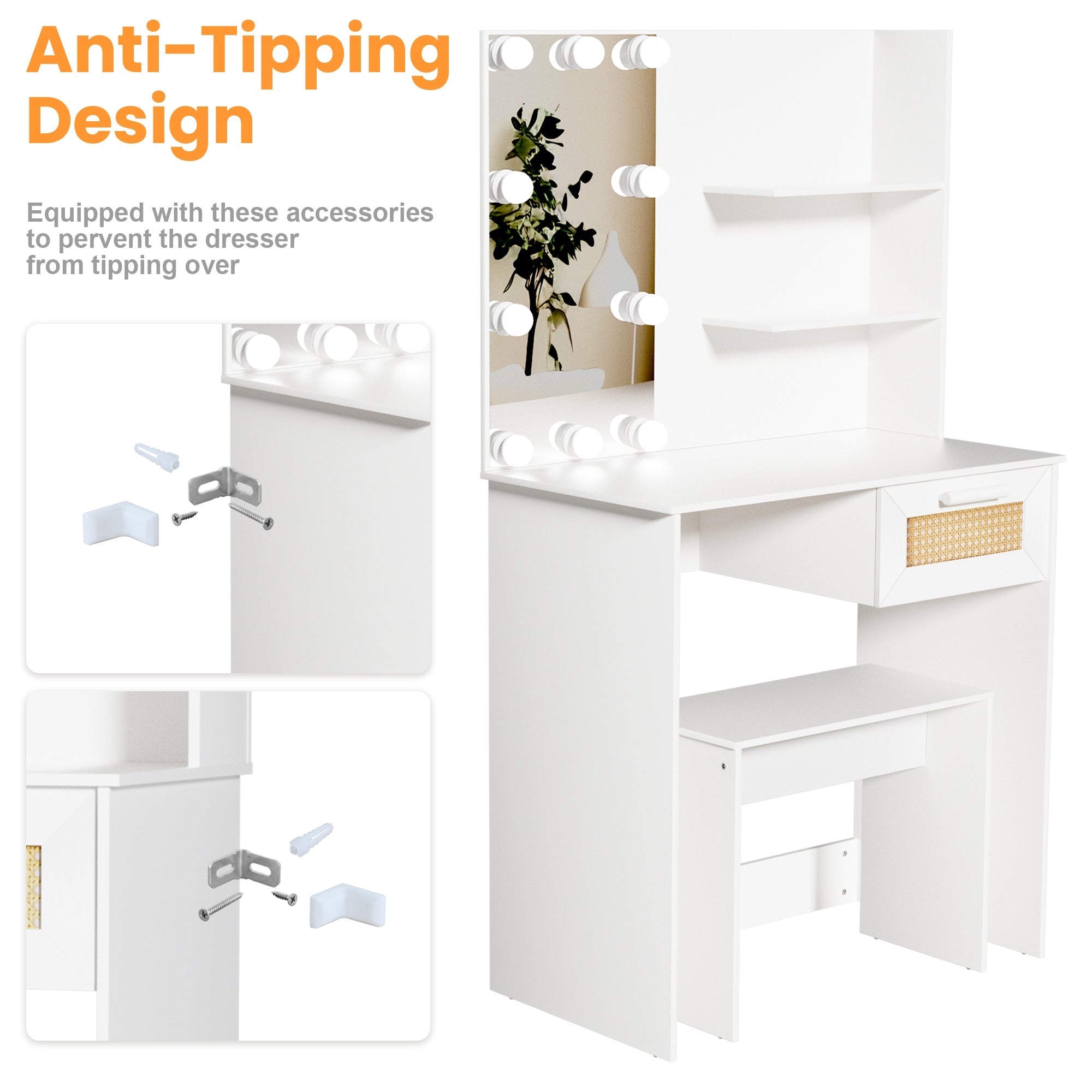 Vanity Desk Set Stool &amp; Dressing Table with LED Lighting Mirror Drawer and Wood Cosmetic Table Chest of Drawers White Color