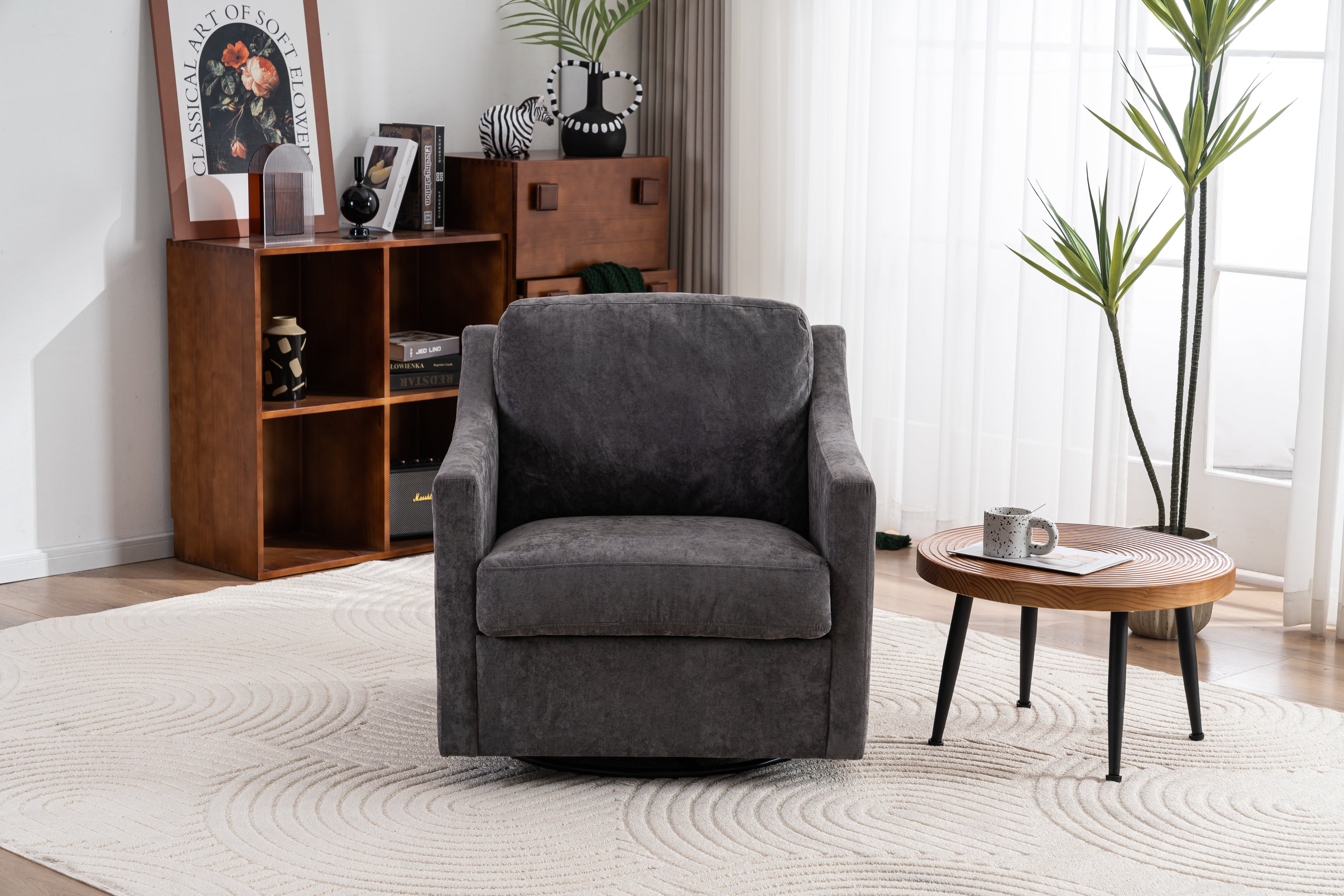 Large swivel chair, soft cushion armchair, modern chair, skin friendly gradient linen fabric, comfortable sitting gray