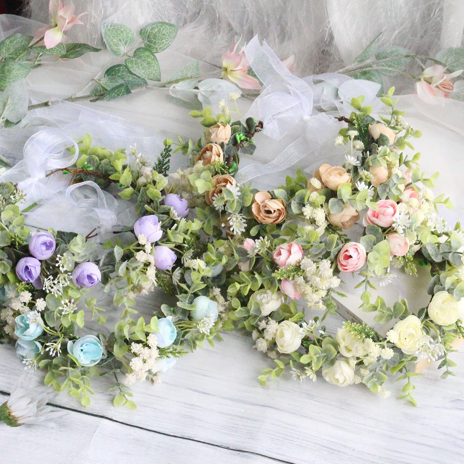 Forest style curled edge rose headband, simulated starry sky, eucalyptus wreath, bride&