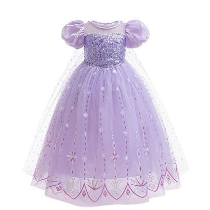 Frozen 2 Elsa Princess Dress Purple Bubble Sleeves Pearl Mesh Girls&