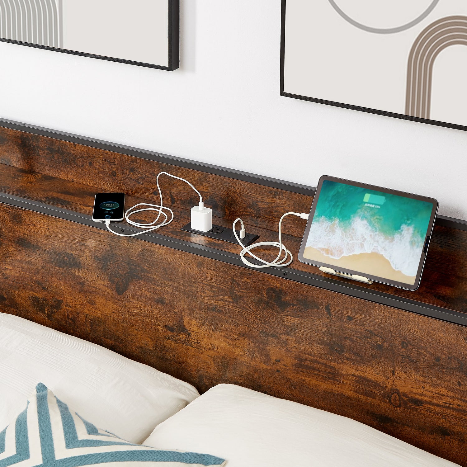 Bed frame with charging station full size, Rustic Brown, 83.1&