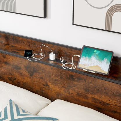 Bed frame with charging station full size, Rustic Brown, 83.1&