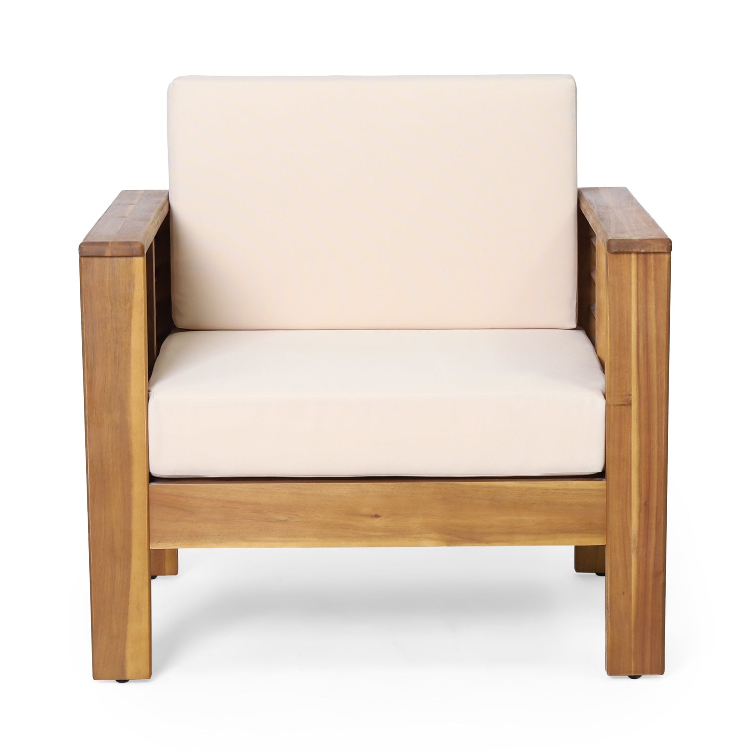 Outdoor Acacia Wood Club Chairs with Cushions, Teak+Beige, 27.75"D x 32"W x 27.75"H