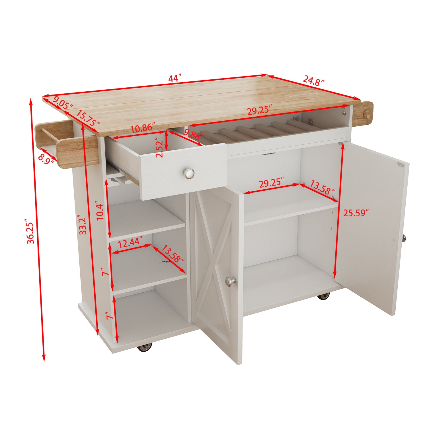 44 Inch Kitchen Island Cart with Solid Wood Top, Wine Storage, Spice Rack, Towel Rack, Wine Glass Holder White &amp; Oak