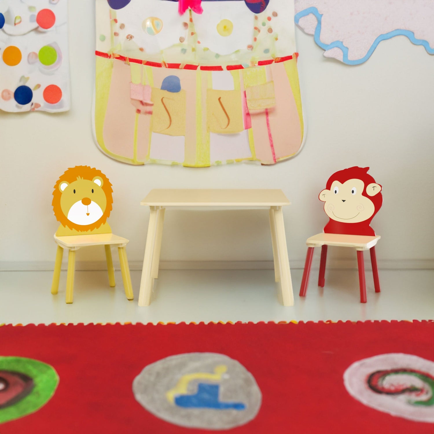 Kids Table and 2 Chairs Set 3 Pieces Toddler Table and Chair Set Wooden Activity Play Table Set (Lion&amp;Monkey)