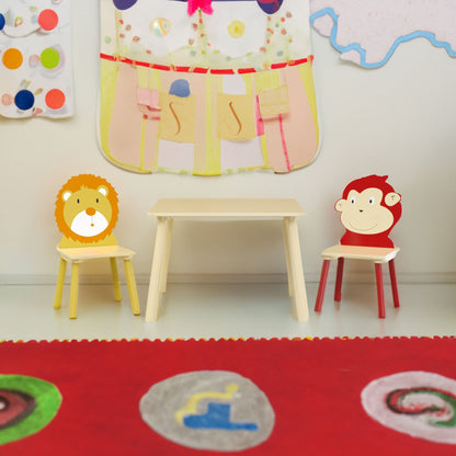 Kids Table and 2 Chairs Set 3 Pieces Toddler Table and Chair Set Wooden Activity Play Table Set (Lion&amp;Monkey)