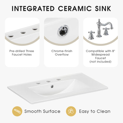 30" Bathroom Vanity with Sink Top, Bathroom Vanity Cabinet with Door and Two Drawers, Solid Wood Frame, One Package, White